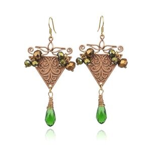 Bohemian Copper Triangle Earrings Green Crystal Dangle Gemstone‎ Statement
